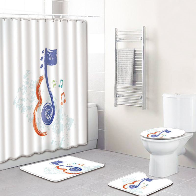 KTX-750995 Music Note Colorful Bathroom Carpet and Shower Curtain Set - Water-Absorbent Non-Slip Mat, 4-Piece Collection