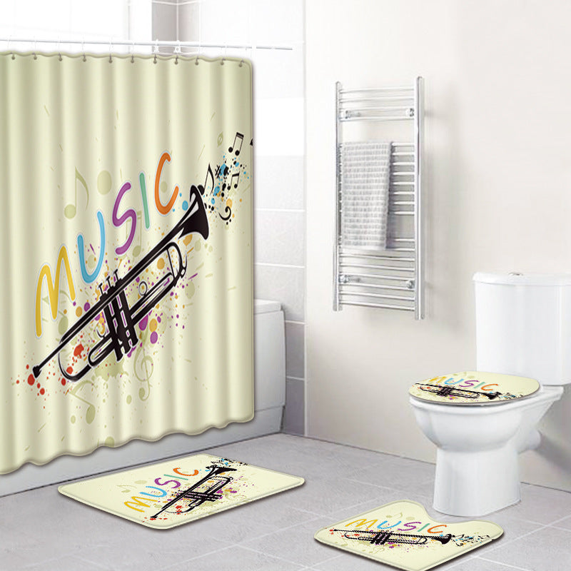 KTX-750995 Music Note Colorful Bathroom Carpet and Shower Curtain Set - Water-Absorbent Non-Slip Mat, 4-Piece Collection