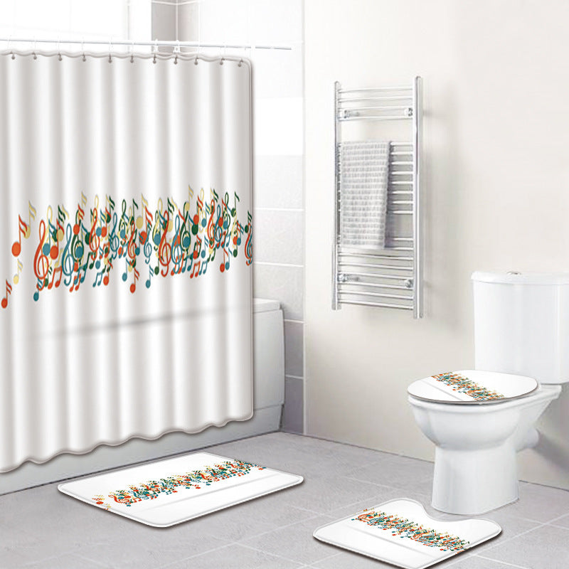 KTX-750995 Music Note Colorful Bathroom Carpet and Shower Curtain Set - Water-Absorbent Non-Slip Mat, 4-Piece Collection