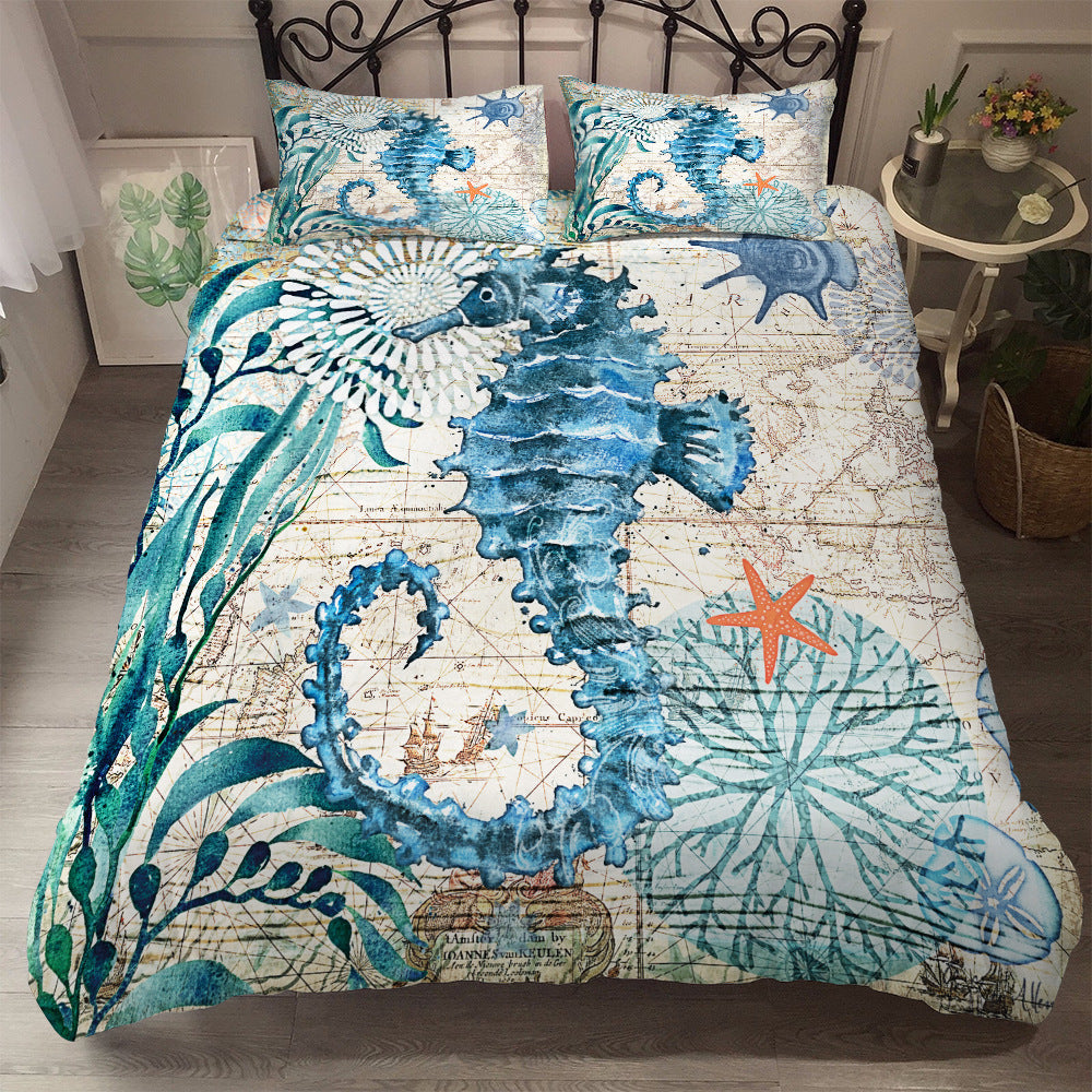 KTX-751635 Marine Animal 3-Piece Bedding Set - Duvet Cover & Pillowcases in Polyester Fabric, Multiple Sizes Available