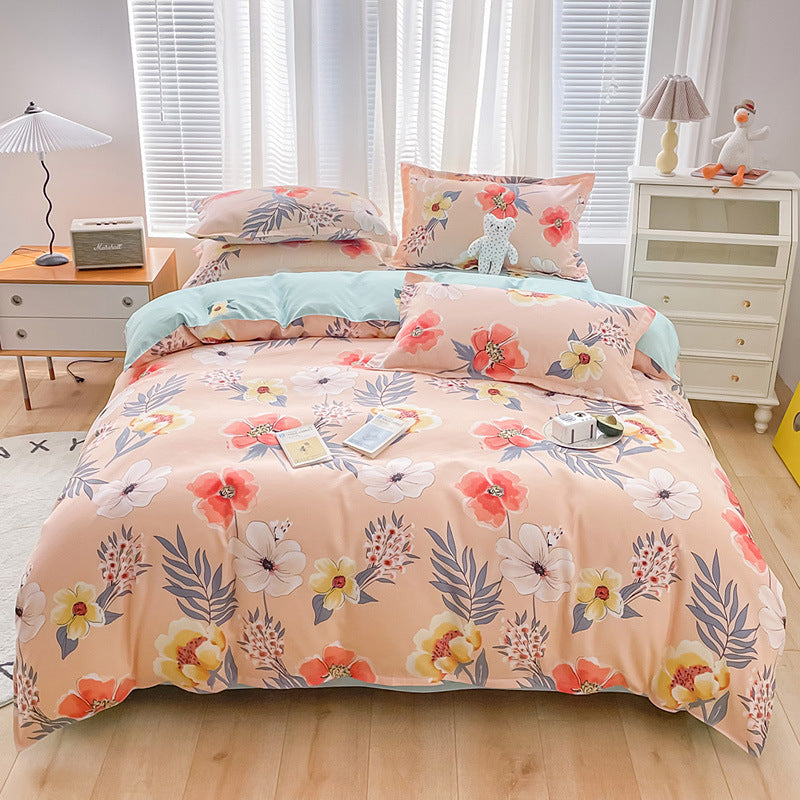 KTX-752147 Cotton Four-Piece Student Dormitory Fitted Sheet Set with Floral and Plant Patterns