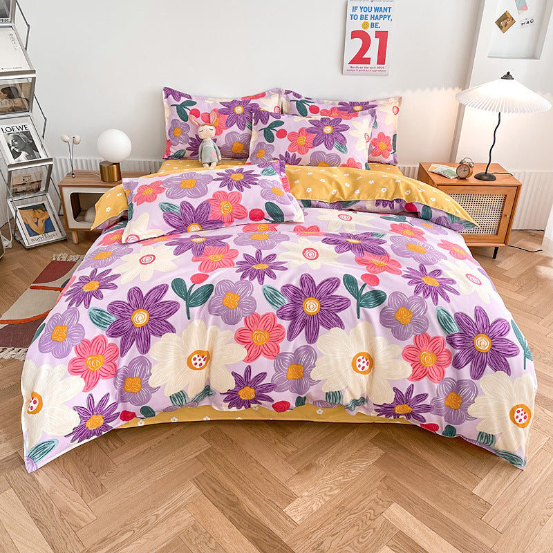 KTX-752147 Cotton Four-Piece Student Dormitory Fitted Sheet Set with Floral and Plant Patterns