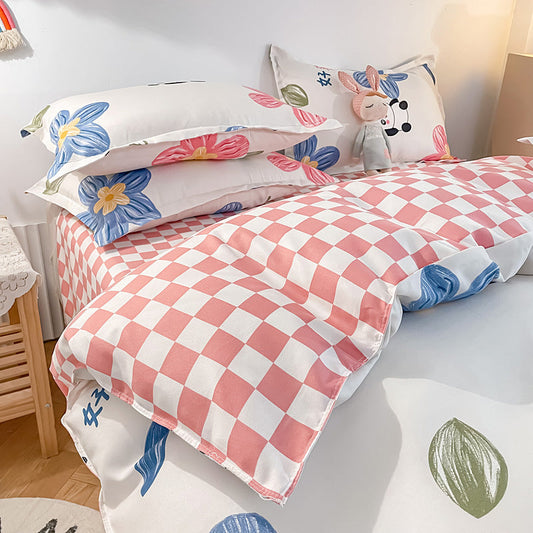 KTX-752147 Cotton Four-Piece Student Dormitory Fitted Sheet Set with Floral and Plant Patterns