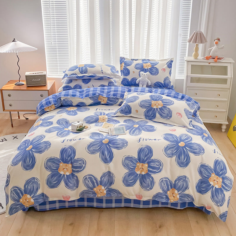 KTX-752147 Cotton Four-Piece Student Dormitory Fitted Sheet Set with Floral and Plant Patterns