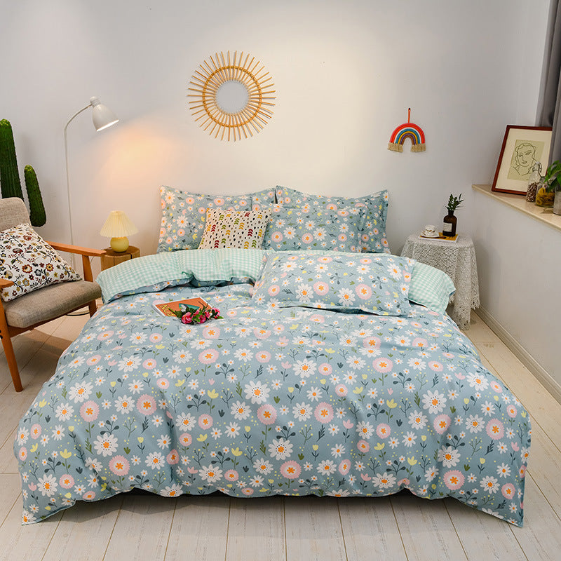 KTX-752147 Cotton Four-Piece Student Dormitory Fitted Sheet Set with Floral and Plant Patterns