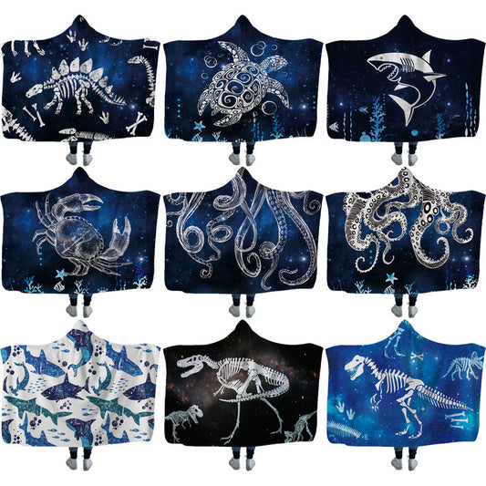 KTX-753619 Cozy Shark, Tortoise, and Crab Hooded Blanket for Kids