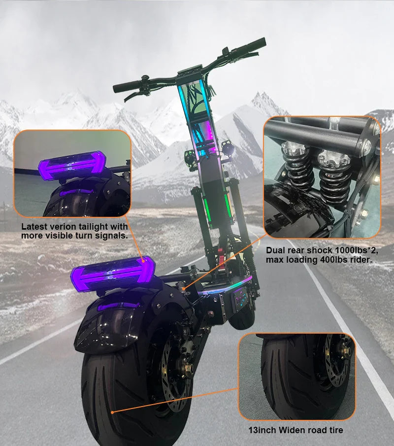 KTX-754963 Folding Electric Scooter with 10000W Dual Motor, 72V 40Ah Battery, 13-Inch Fat Tires, Bluetooth, RGB Lights