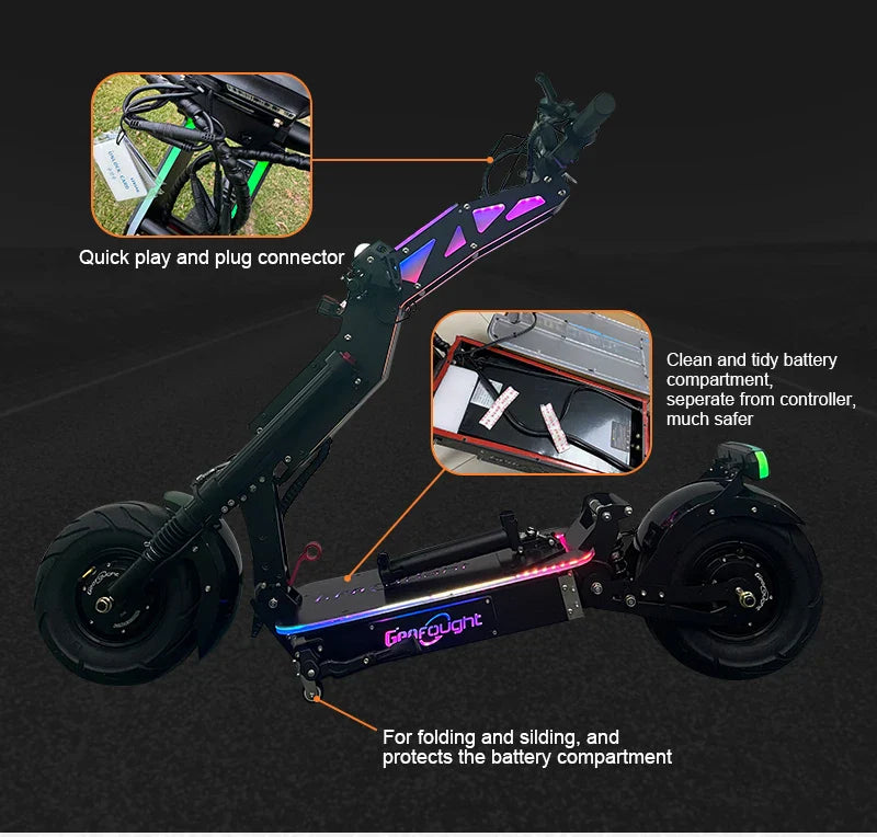 KTX-754963 Folding Electric Scooter with 10000W Dual Motor, 72V 40Ah Battery, 13-Inch Fat Tires, Bluetooth, RGB Lights