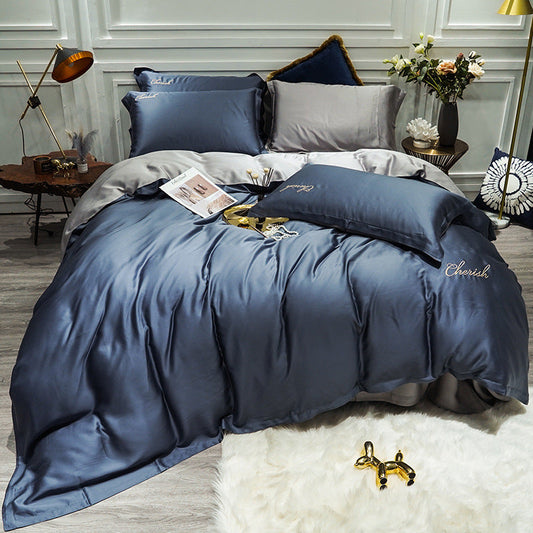 KTX-757907 Solid Color Tencel Bedding Set – 4-Piece Quilted Comforter, Bed Sheet & Pillowcase for 1.5-2m Beds