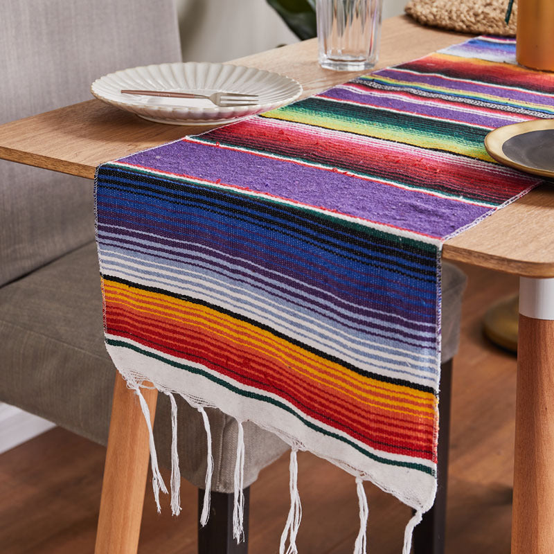 KTX-758995 Woven Cotton Tablecloth with Tassels - Versatile Beach Blanket, Picnic Mat & Home Decor