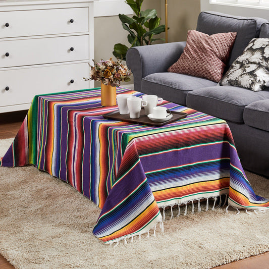 KTX-758995 Woven Cotton Tablecloth with Tassels - Versatile Beach Blanket, Picnic Mat & Home Decor
