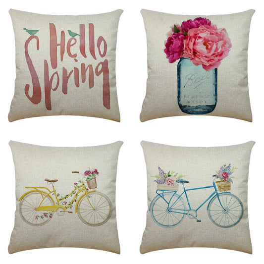 KTX-763347 Bicycle Illustration Linen Pillow Cover with Floral Design - Modern Cushion 40x40cm & 45x45cm