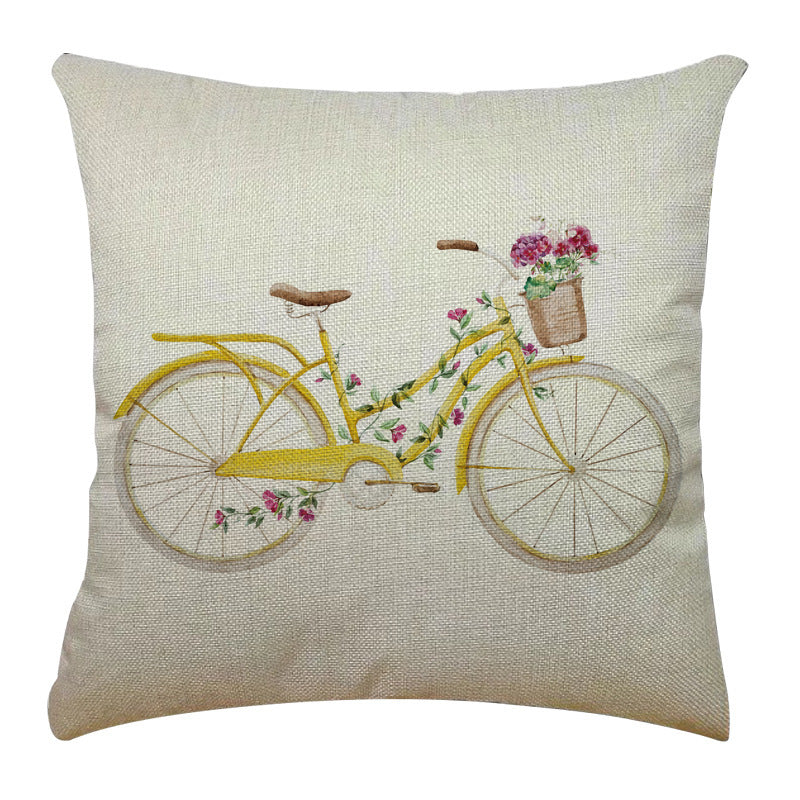 KTX-763347 Bicycle Illustration Linen Pillow Cover with Floral Design - Modern Cushion 40x40cm & 45x45cm