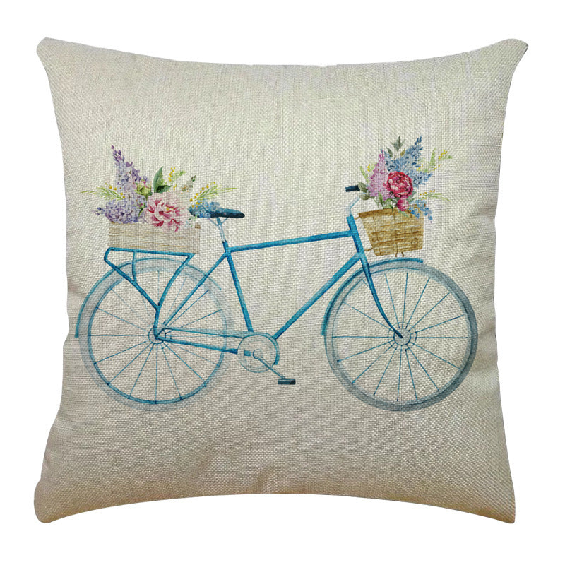 KTX-763347 Bicycle Illustration Linen Pillow Cover with Floral Design - Modern Cushion 40x40cm & 45x45cm