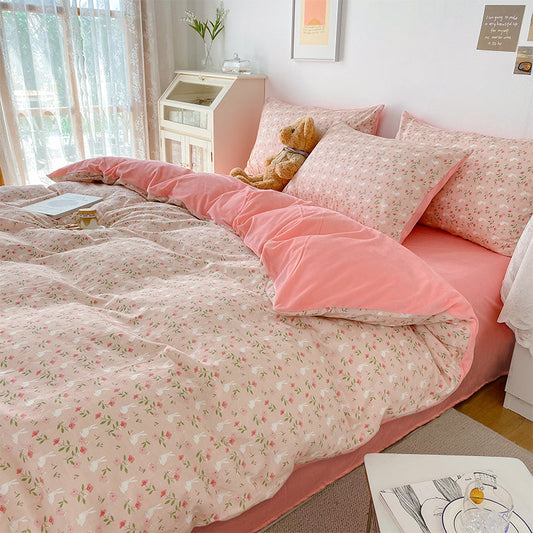 KTX-763667 Coral Velvet Bedding Set with Plant Floral Pattern - 4-Piece Cotton Flannel Sheets for Various Bed Sizes