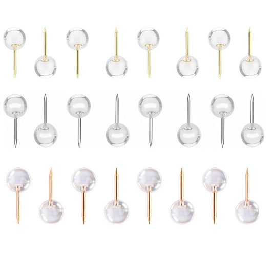 KTX-764499 Transparent Round Ball Push Pins - 100 pcs in Rose Gold, Gold, Silver Options for Office & Craft Use