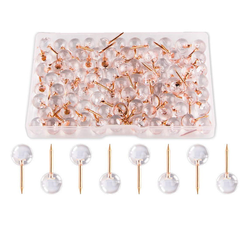 KTX-764499 Transparent Round Ball Push Pins - 100 pcs in Rose Gold, Gold, Silver Options for Office & Craft Use
