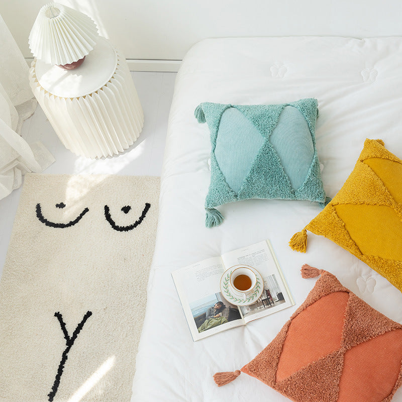 KTX-764627 Corduroy Geometric Rhombus Triangle Tufted Cushion Cover with Tassels - 45x45cm