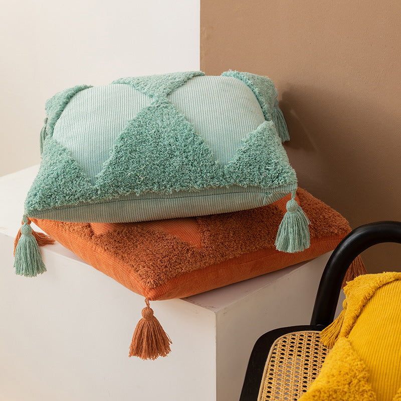 KTX-764627 Corduroy Geometric Rhombus Triangle Tufted Cushion Cover with Tassels - 45x45cm