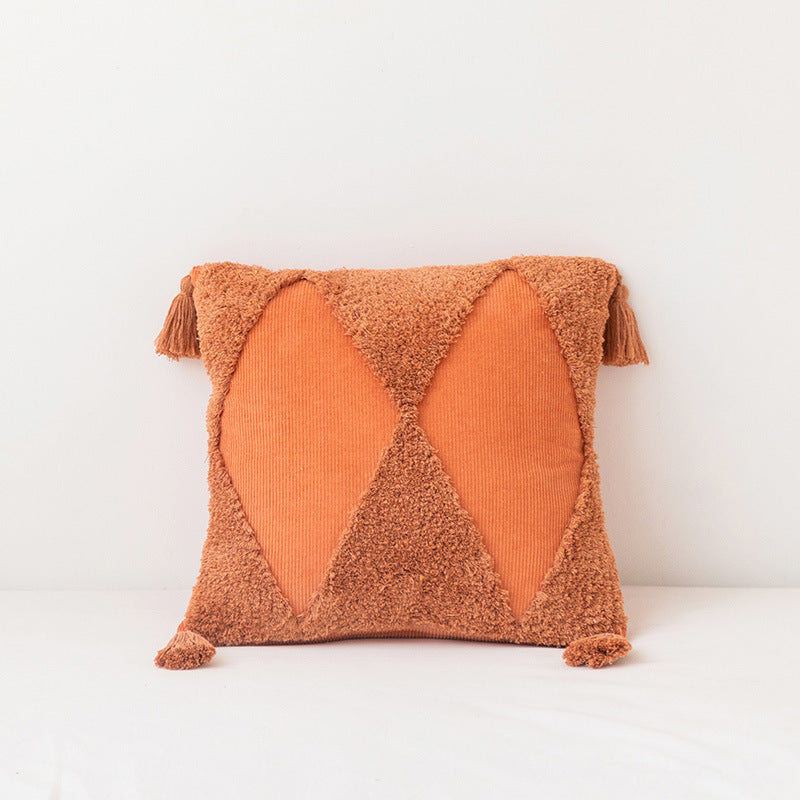 KTX-764627 Corduroy Geometric Rhombus Triangle Tufted Cushion Cover with Tassels - 45x45cm