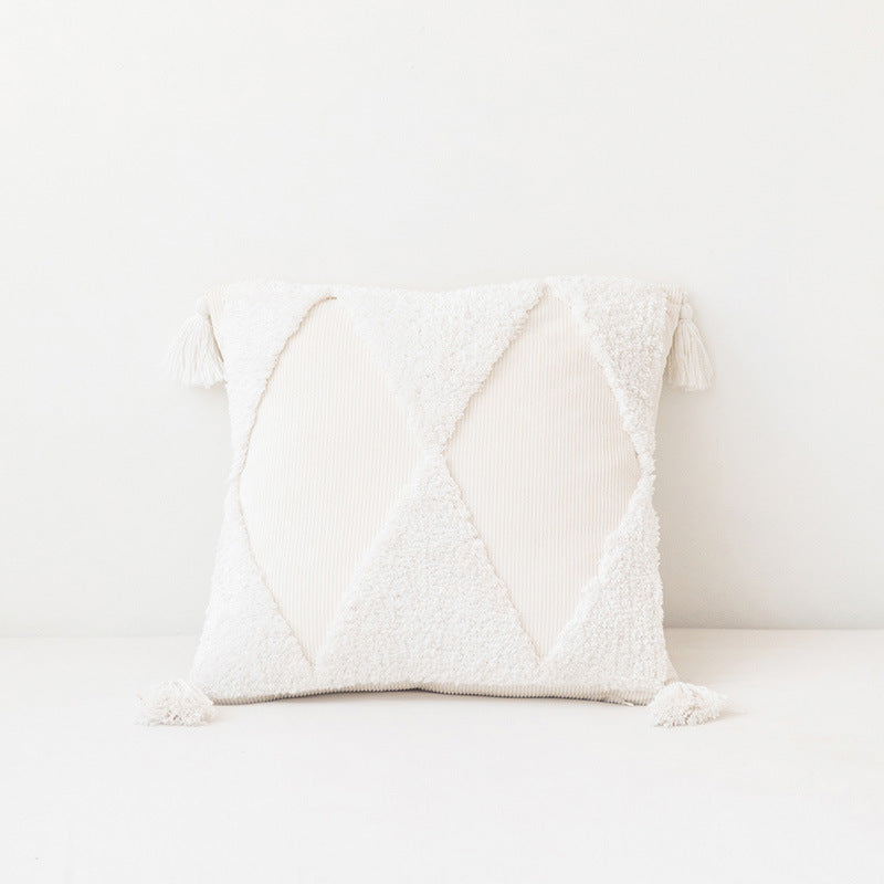 KTX-764627 Corduroy Geometric Rhombus Triangle Tufted Cushion Cover with Tassels - 45x45cm