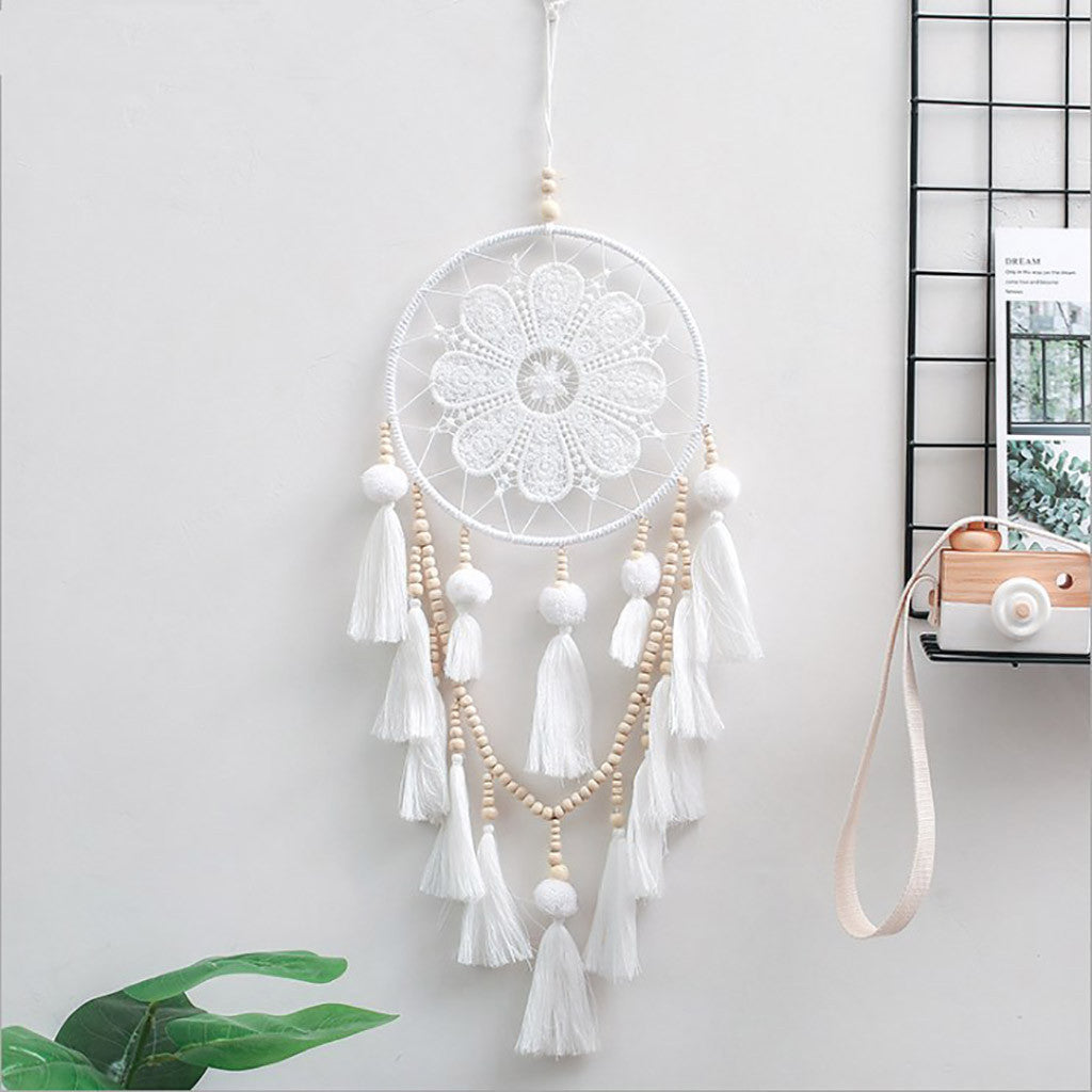 KTX-765523 Romantic Wall Dream Catcher with Wooden Beads and Tassels for Living Room and Bedroom Decor