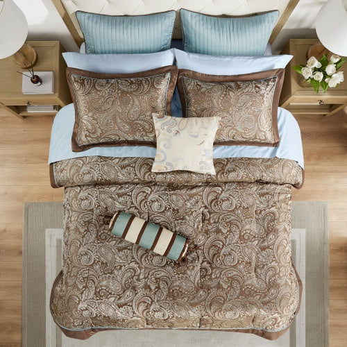KTX-768275 12 Piece Full Comforter Set with Cotton Bed Sheets in Blue and Brown, Paisley Pattern