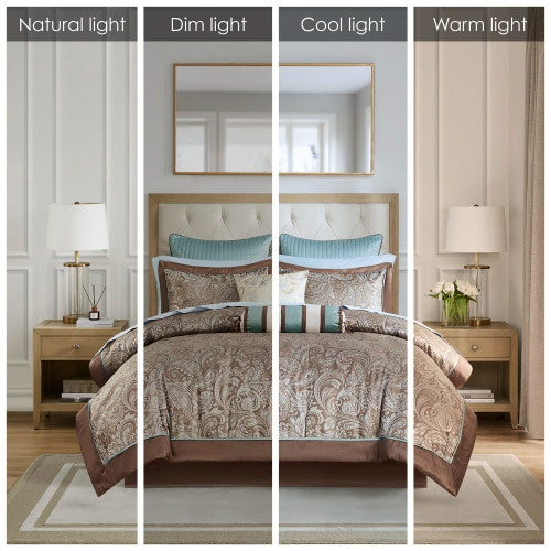 KTX-768275 12 Piece Full Comforter Set with Cotton Bed Sheets in Blue and Brown, Paisley Pattern