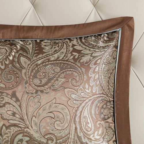 KTX-768275 12 Piece Full Comforter Set with Cotton Bed Sheets in Blue and Brown, Paisley Pattern