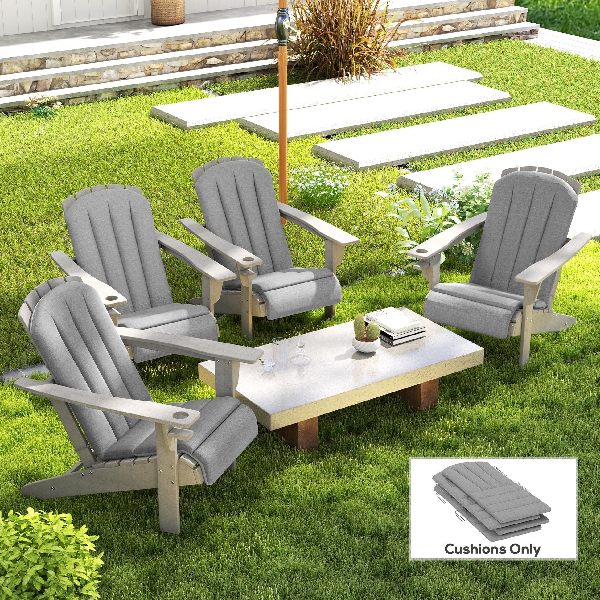 KTX-768659 High-Back Adirondack Chair Cushion Set of 4, Gray, Foam Padding with Ties, Splash-Resistant, Non-Slip Design