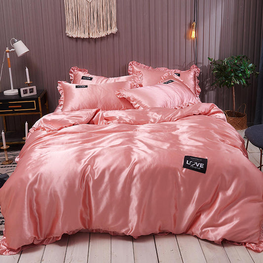 KTX-769043 Washed Silk Four-Piece Bed Sheet Set - Soft Polyester Duvet Cover with Pillowcases, Multiple Sizes Available