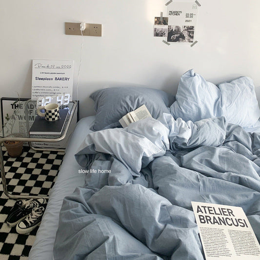 KTX-771731 Water Wash Printed Four Piece Bedding Set - Solid Color Polyester Cotton Blend, Various Sizes Available