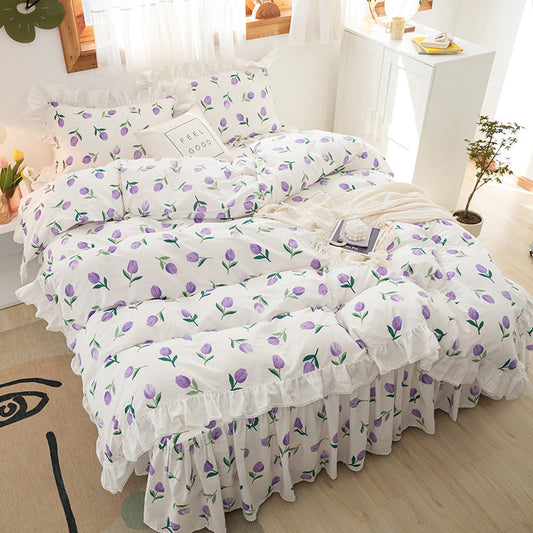 KTX-773715 Lace Bed Skirt Set in Flower Color - Cotton Quilt Lining for Various Bed Sizes