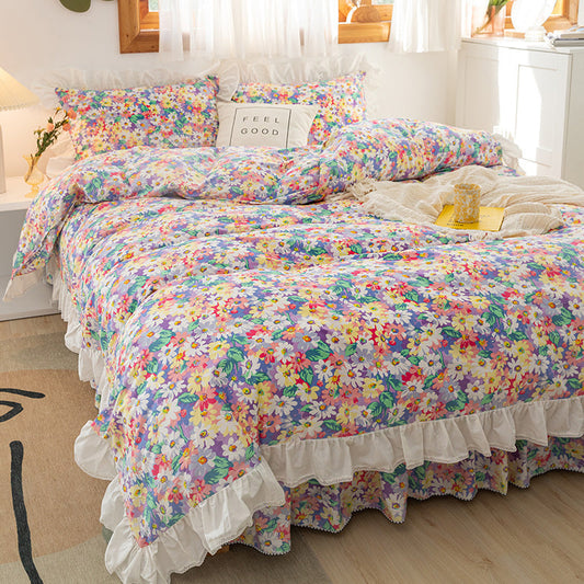 KTX-773715 Lace Bed Skirt Set in Flower Color - Cotton Quilt Lining for Various Bed Sizes