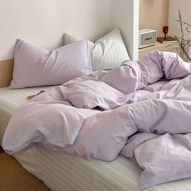 KTX-774675 Washed Cotton Contrast Color Bed Set - Four-Piece Simple Style Bedding for Various Bed Sizes