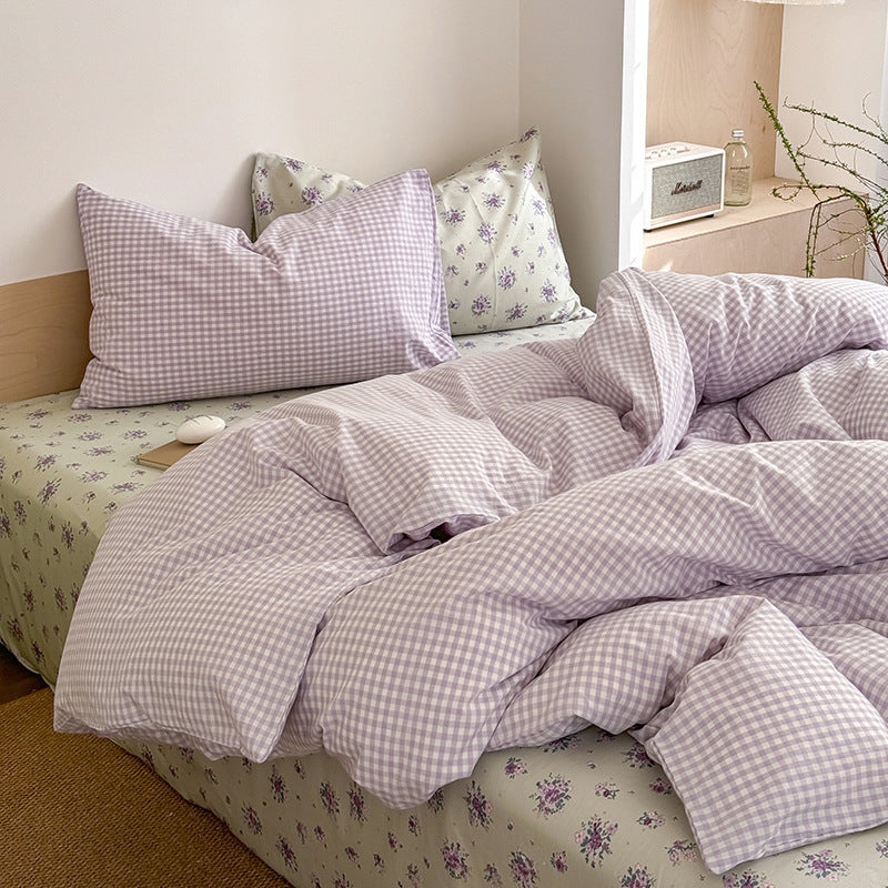 KTX-774675 Washed Cotton Contrast Color Bed Set - Four-Piece Simple Style Bedding for Various Bed Sizes