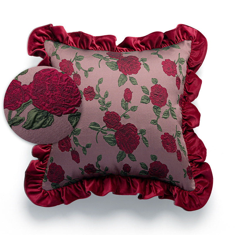 KTX-776019 Vintage Ruffled Sofa Cushion in Plush Material with Tassels - Available in English Rose, Pod Blush Pink, and Velvet Wine Red