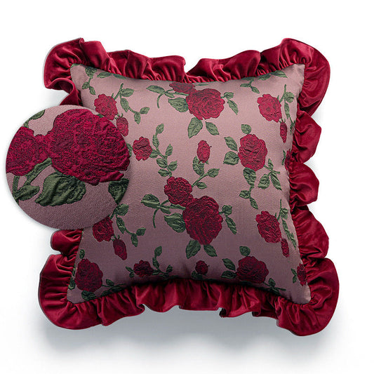 KTX-776019 Vintage Ruffled Sofa Cushion in Plush Material with Tassels - Available in English Rose, Pod Blush Pink, and Velvet Wine Red