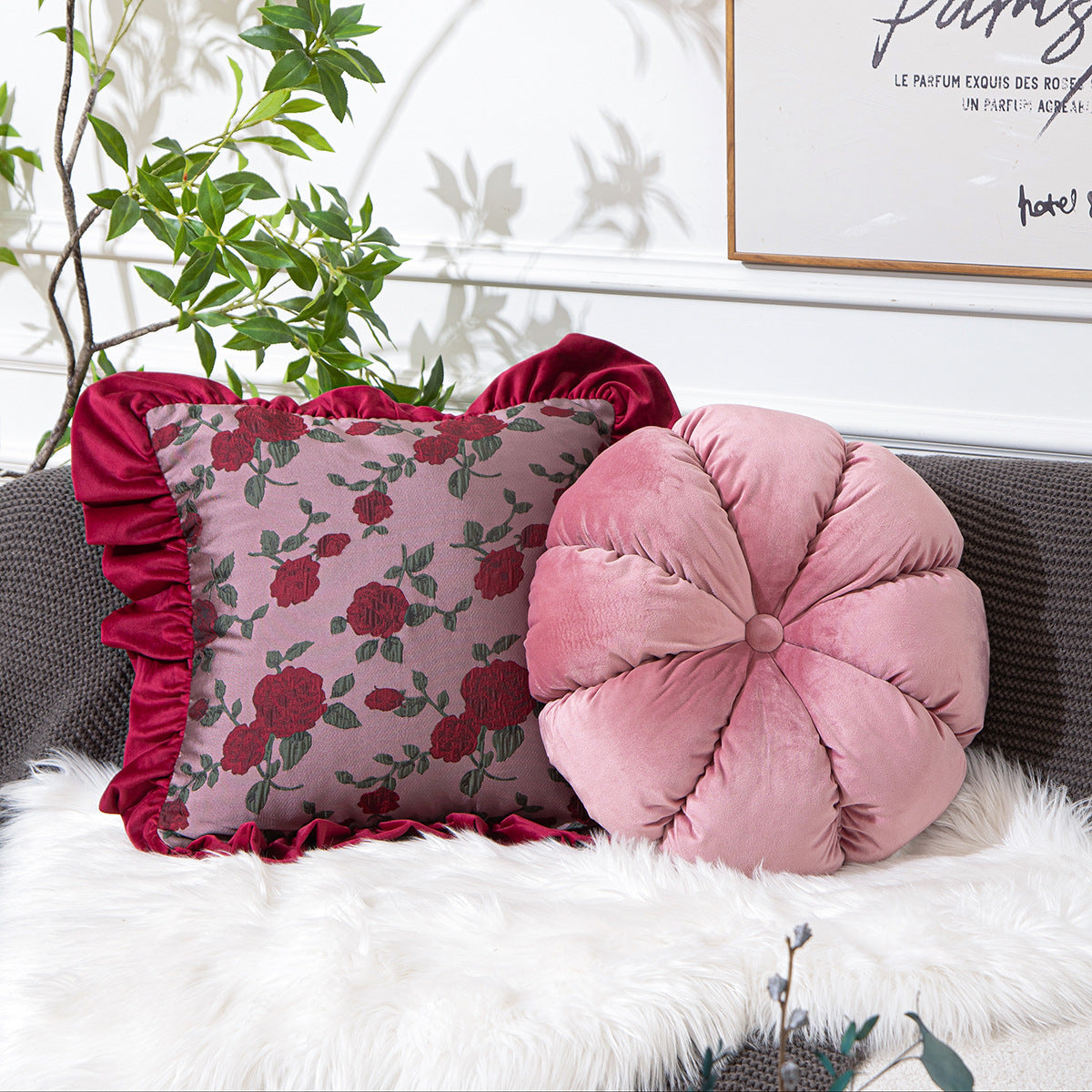KTX-776019 Vintage Ruffled Sofa Cushion in Plush Material with Tassels - Available in English Rose, Pod Blush Pink, and Velvet Wine Red