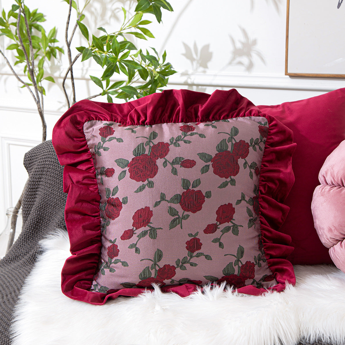 KTX-776019 Vintage Ruffled Sofa Cushion in Plush Material with Tassels - Available in English Rose, Pod Blush Pink, and Velvet Wine Red