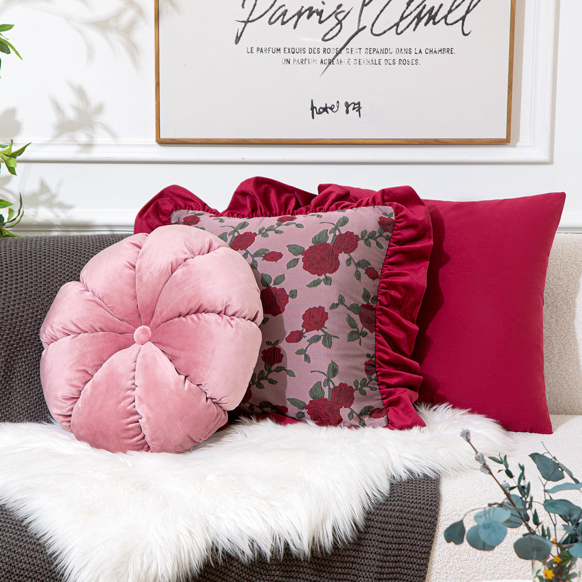 KTX-776019 Vintage Ruffled Sofa Cushion in Plush Material with Tassels - Available in English Rose, Pod Blush Pink, and Velvet Wine Red