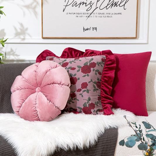 KTX-776019 Vintage Ruffled Sofa Cushion in Plush Material with Tassels - Available in English Rose, Pod Blush Pink, and Velvet Wine Red