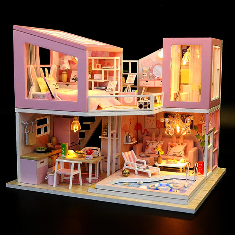 KTX-776275 Mini Wooden 3D Puzzle Dollhouse Kit with Furniture for Kids Ages 5-7