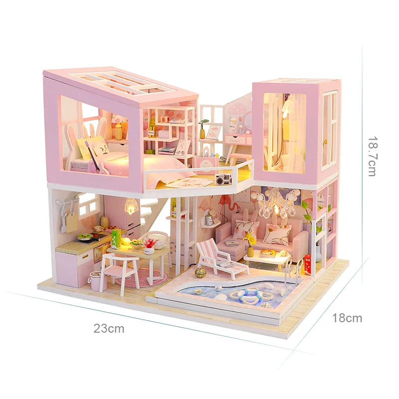 KTX-776275 Mini Wooden 3D Puzzle Dollhouse Kit with Furniture for Kids Ages 5-7
