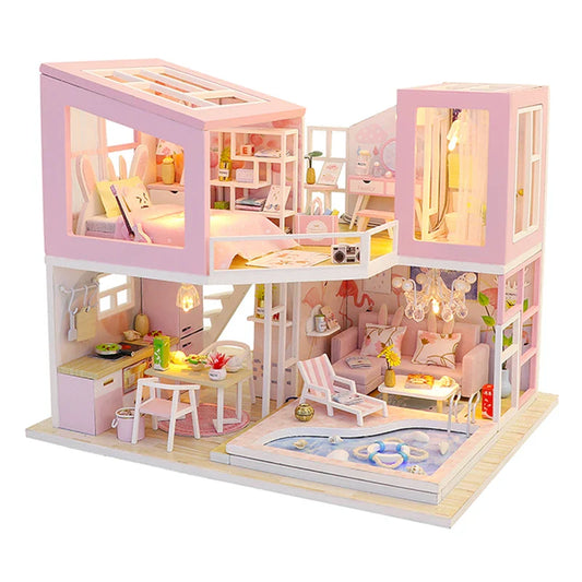 KTX-776275 Mini Wooden 3D Puzzle Dollhouse Kit with Furniture for Kids Ages 5-7
