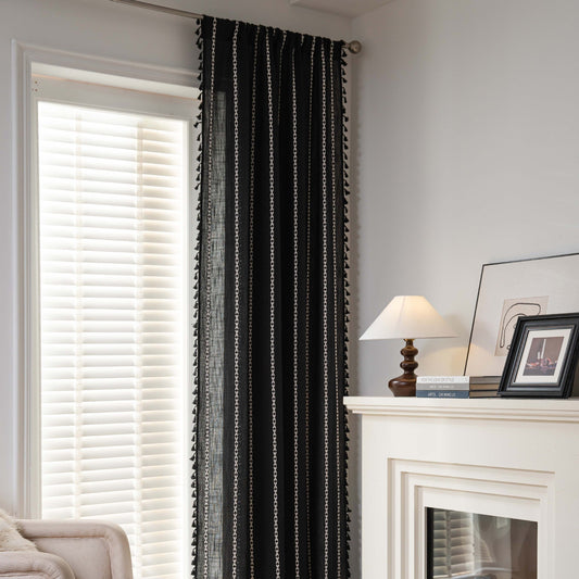 KTX-776723 Black and White Jacquard Pocket Curtain Set with Multi-line Rod Options
