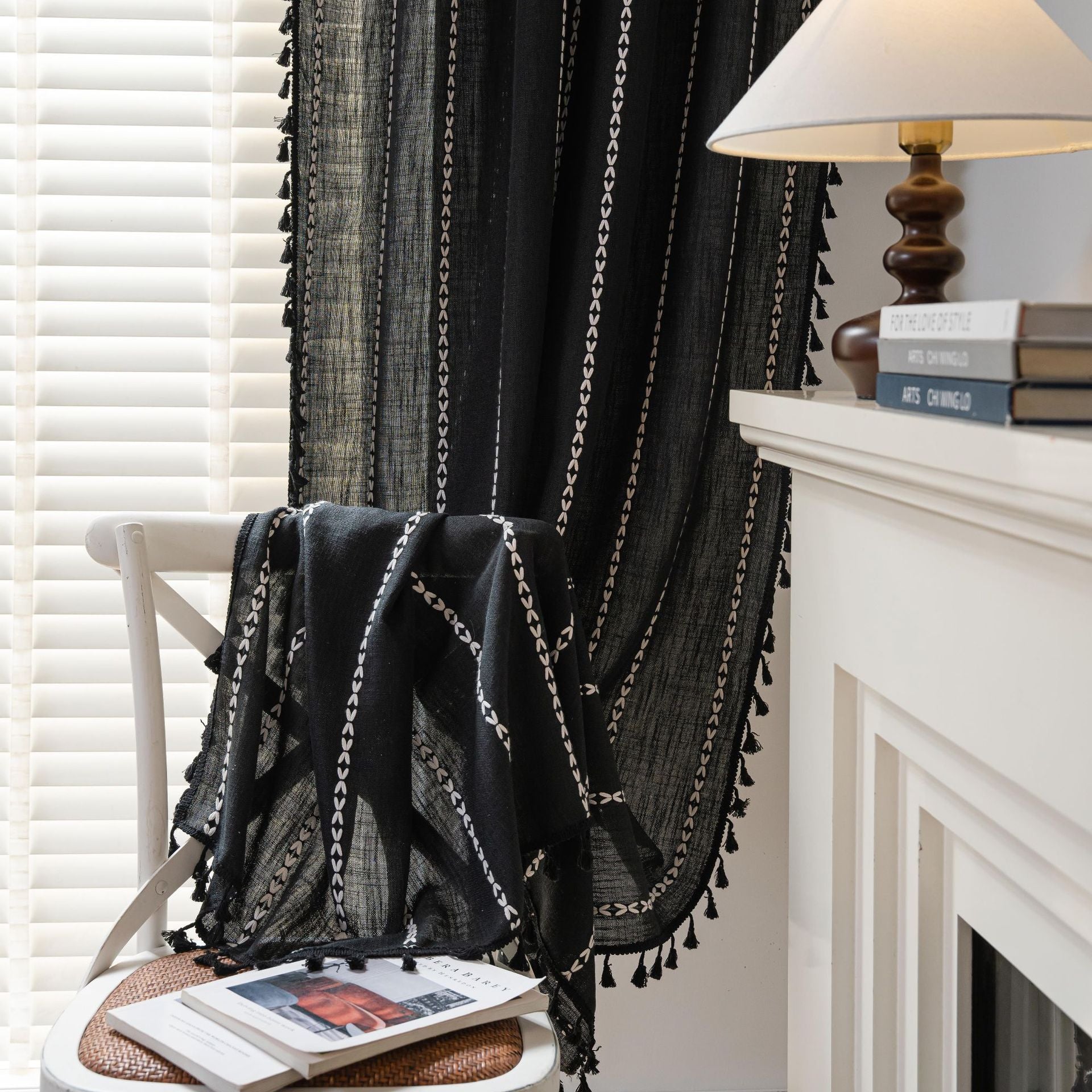 KTX-776723 Black and White Jacquard Pocket Curtain Set with Multi-line Rod Options