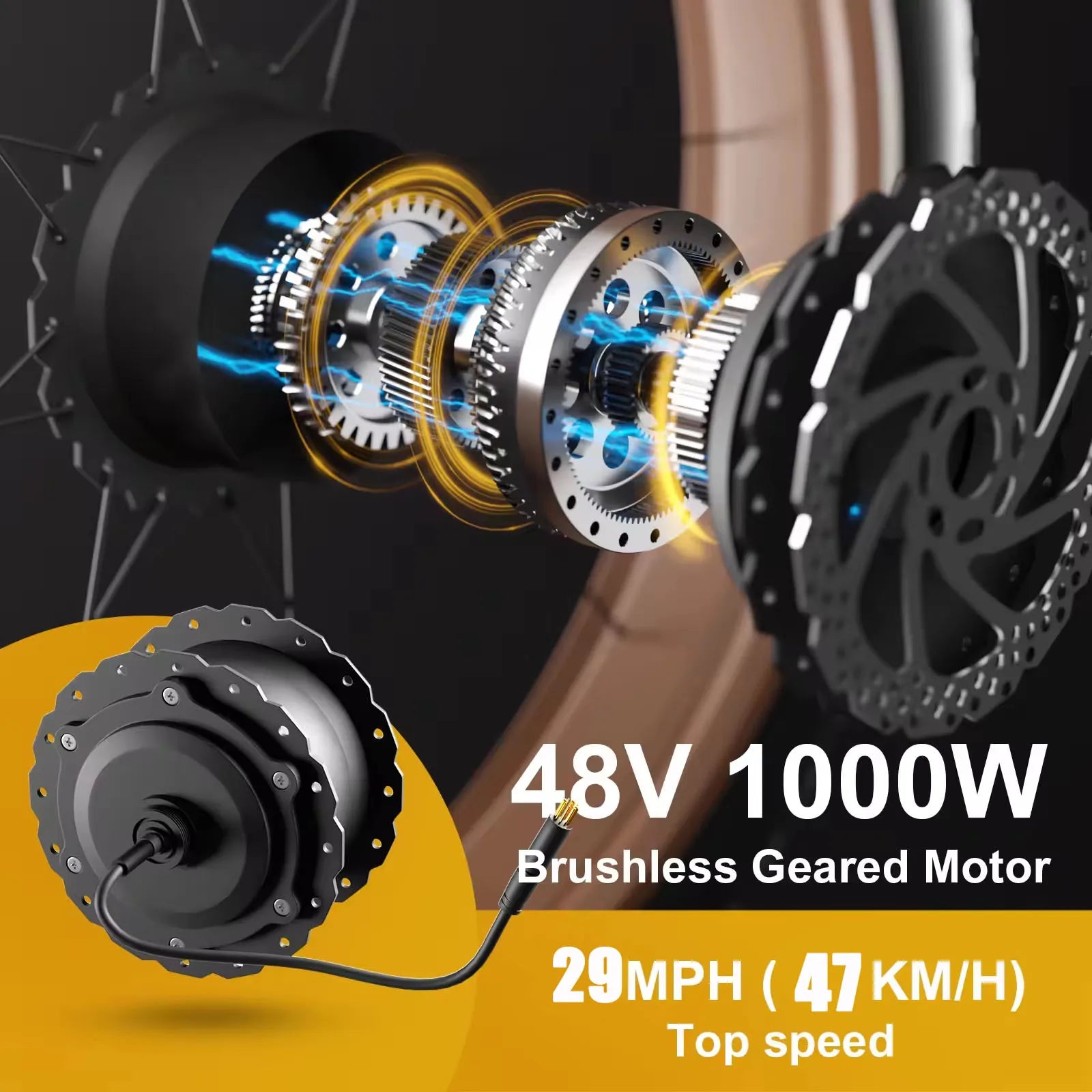 KTX-776723 Electric Mountain Bike with 1000W Motor, 48V 16Ah Battery, 7-Speed Gears, and Hydraulic Disc Brakes - 26 Inch Fat Tire E-Bike for Adults