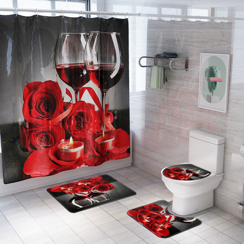 KTX-776851 Rose Wine Print Shower Curtain and Floor Mat Set - 4-Piece Polyester Fiber Collection for Modern Homes