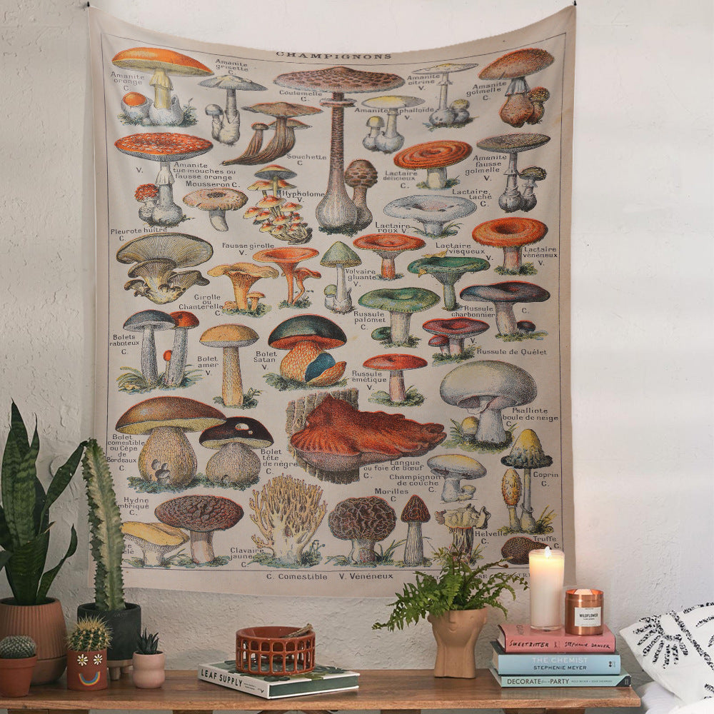 KTX-777875 European Retro Mushroom Plant Tapestry - Plush Fabric Wall Hanging Decoration in Various Sizes